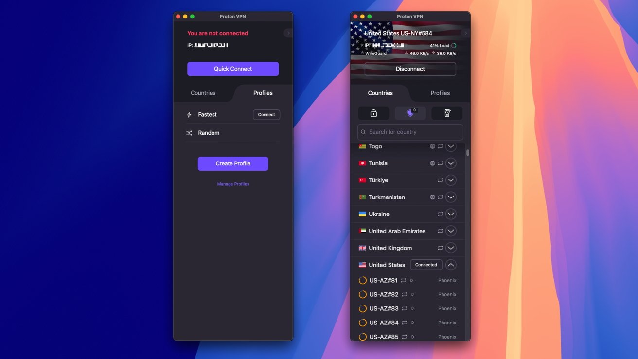 Two Proton VPN windows on gradient background showing connection options, server load, selected country, and the ability to connect, create, or manage profiles.