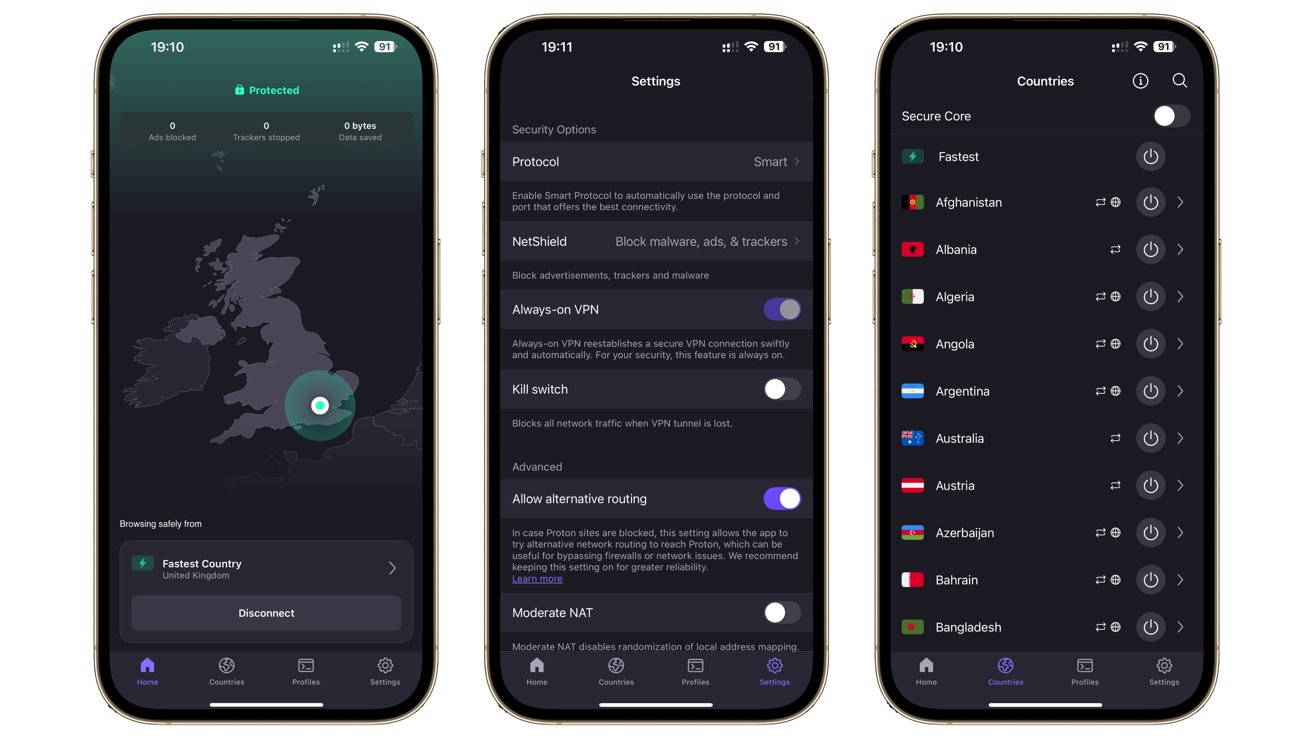 Three smartphone screens showing a VPN app interface. The first screen displays a map; the second, security settings; and the third, a list of countries with toggle buttons.