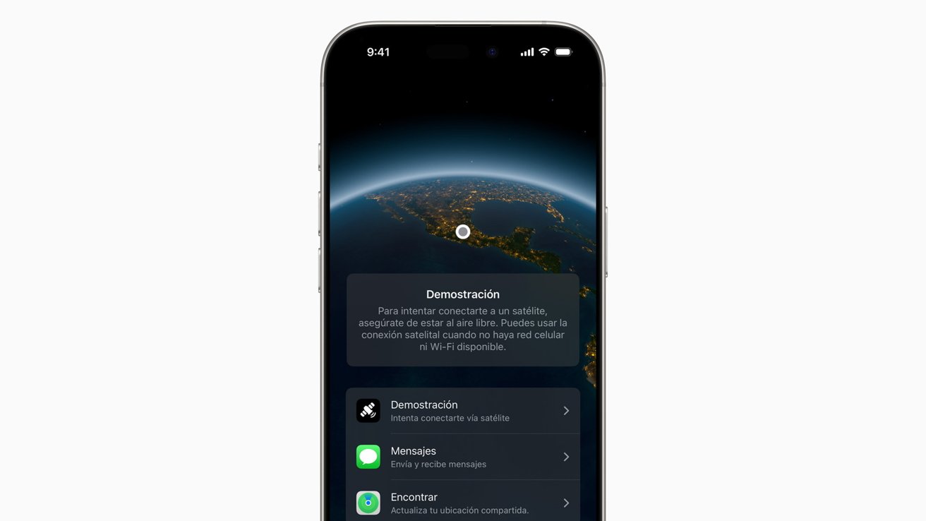 Smartphone displaying a satellite connection demonstration interface, showing Earth from space and options for messages and location updates below.