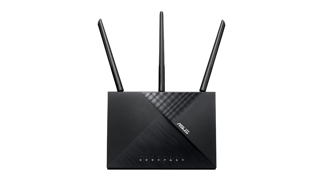 Black wireless router with three antennas, a geometric pattern on top, and multiple indicator lights on the front.