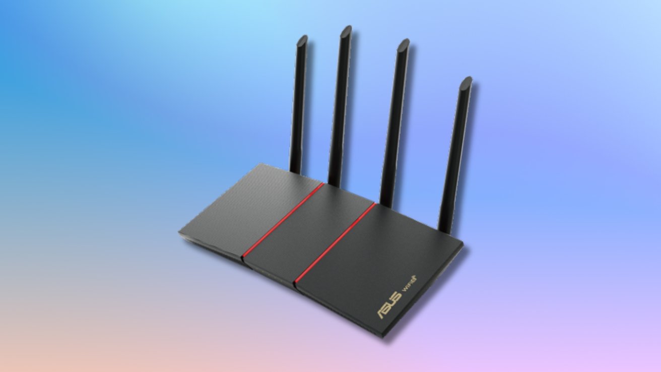 A black rectangular router with four antennas, red lines, placed on a blue and pink gradient background.