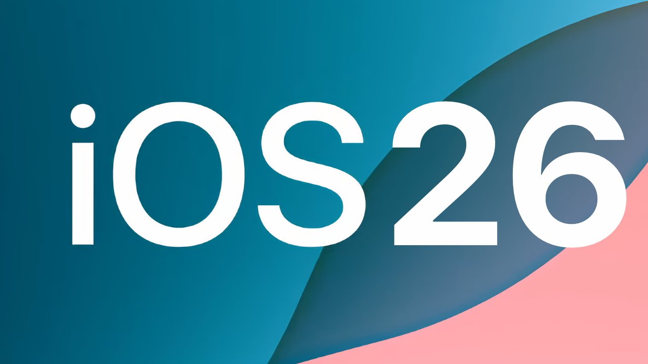 White text reading iOS 26 on a blue and pink abstract background.