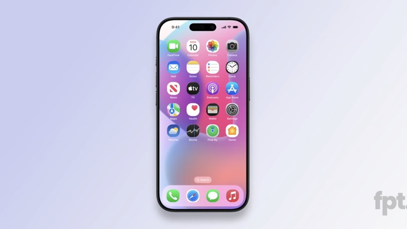 Smartphone displaying colorful app icons on a gradient background, including FaceTime, Photos, Mail, and Music, with a sleek design and rounded edges.