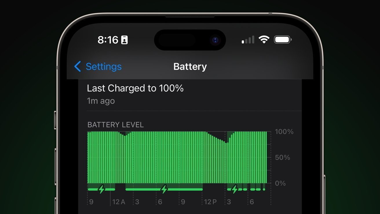 Battery settings screen showing last charge at 100% and a graph of battery level over time on a smartphone.