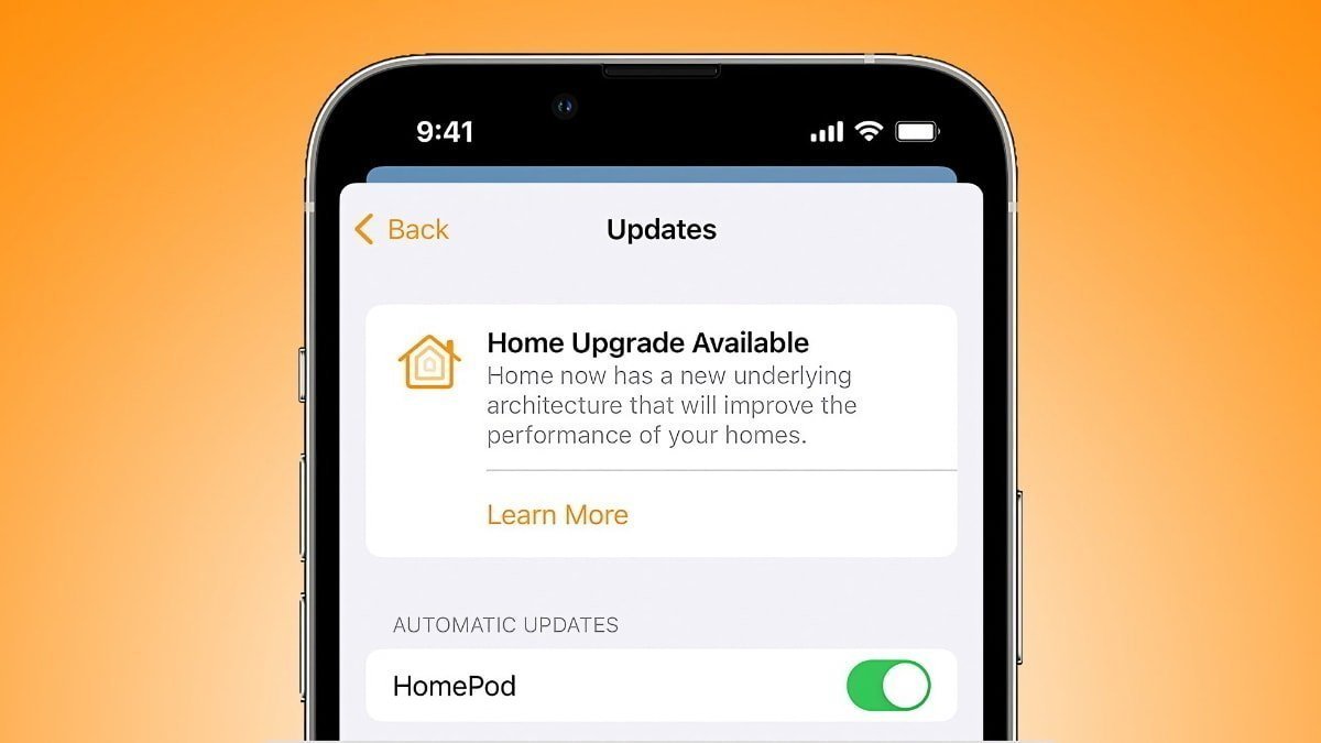 Smartphone screen showing home upgrade available notification with learn more option and automatic updates for HomePod turned on, set against an orange background.