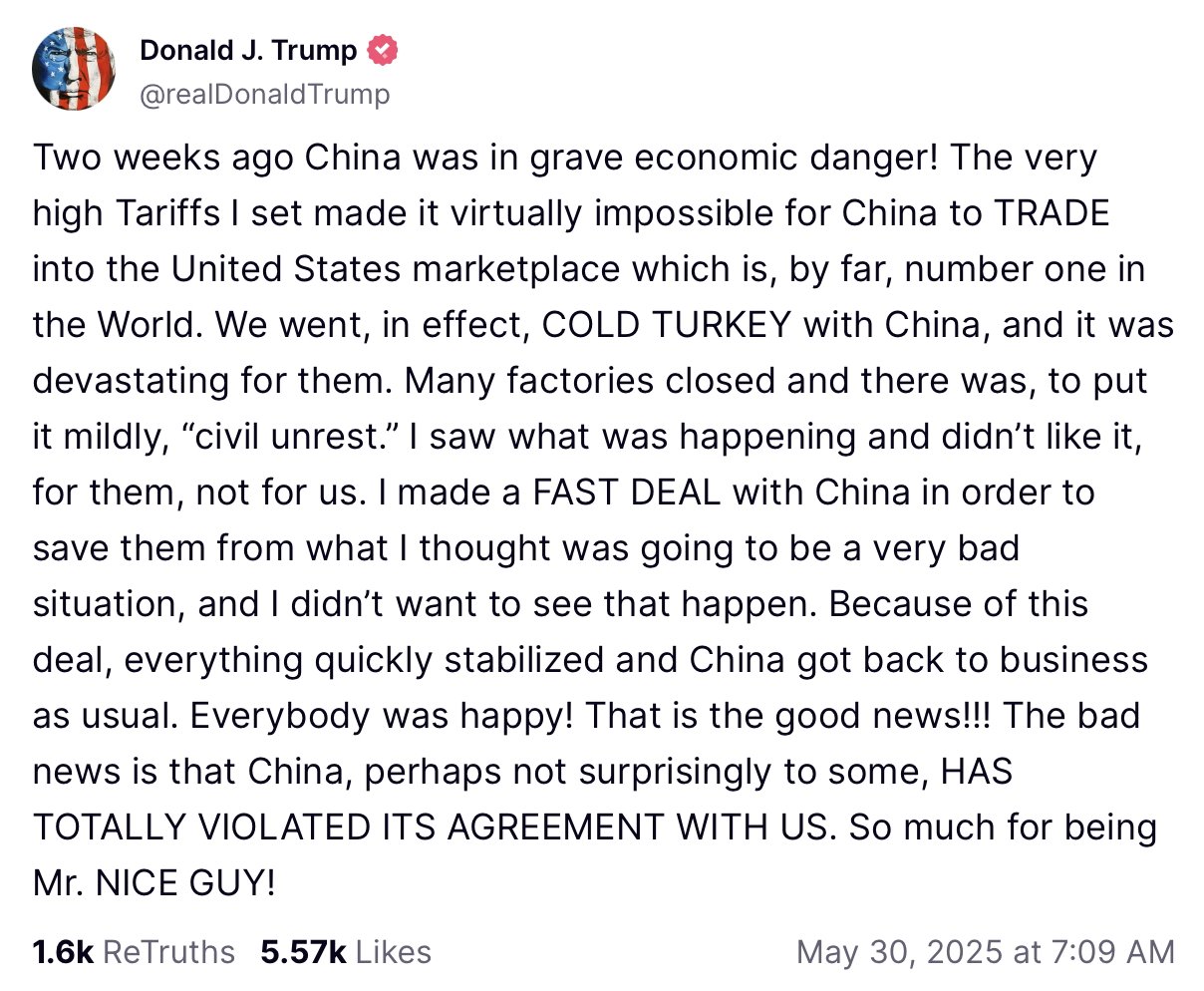 Social media post by Donald J. Trump discussing tariffs on China, economic effects, and accusations of China violating an agreement. Includes engagement metrics: 1.6k ReTruths, 5.57k Likes.