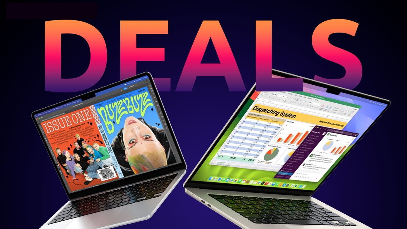 Two open MacBook Air laptops displaying graphics and charts against a dark background, with the word 'DEALS' in bold, gradient colors above.