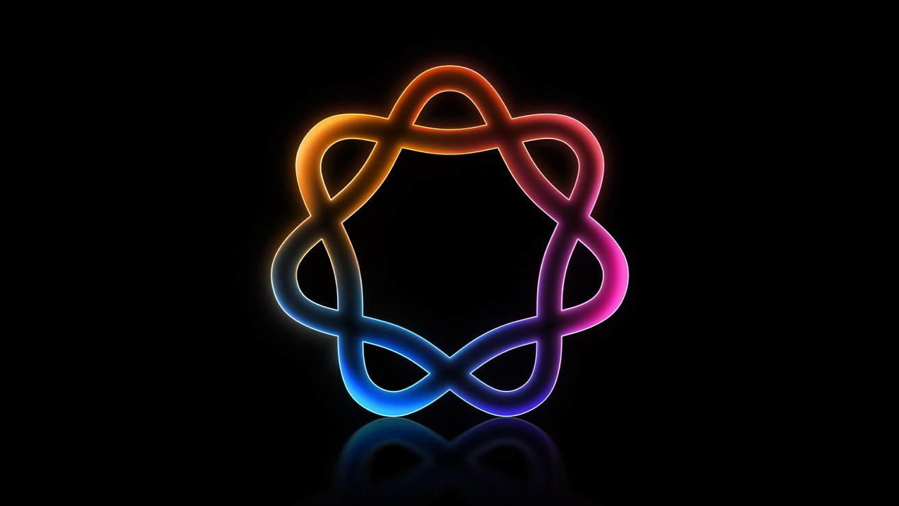 Colorful, intertwined glowing loops forming a symmetrical shape on a black background, with a gradient ranging from orange to blue to pink.
