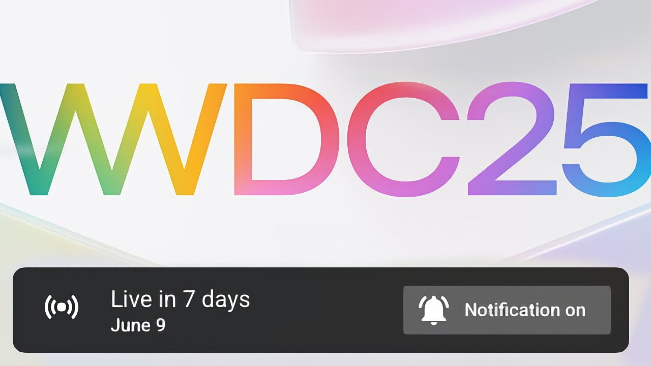 Colorful text 'WWDC25' with notification bar below stating 'Live in 7 days, June 9,' and notification bell icon.
