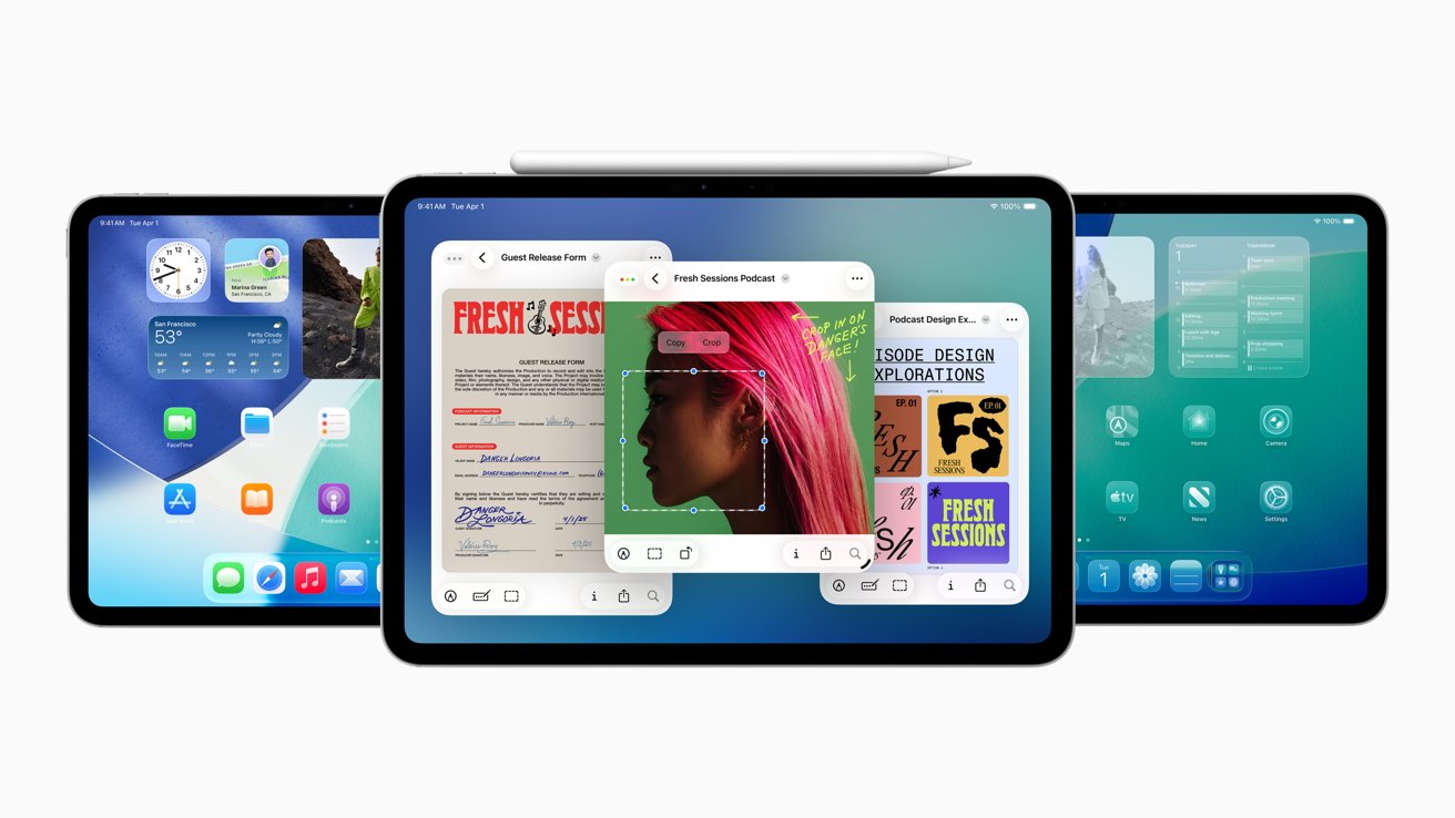 Three tablets displayed side by side, showing different apps and features including a podcast, weather, and various icons. A digital pen rests on the middle tablet.