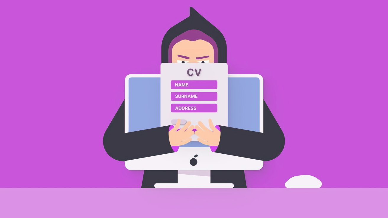 A person in a black hood holds a CV in front of a computer, with a purple background.