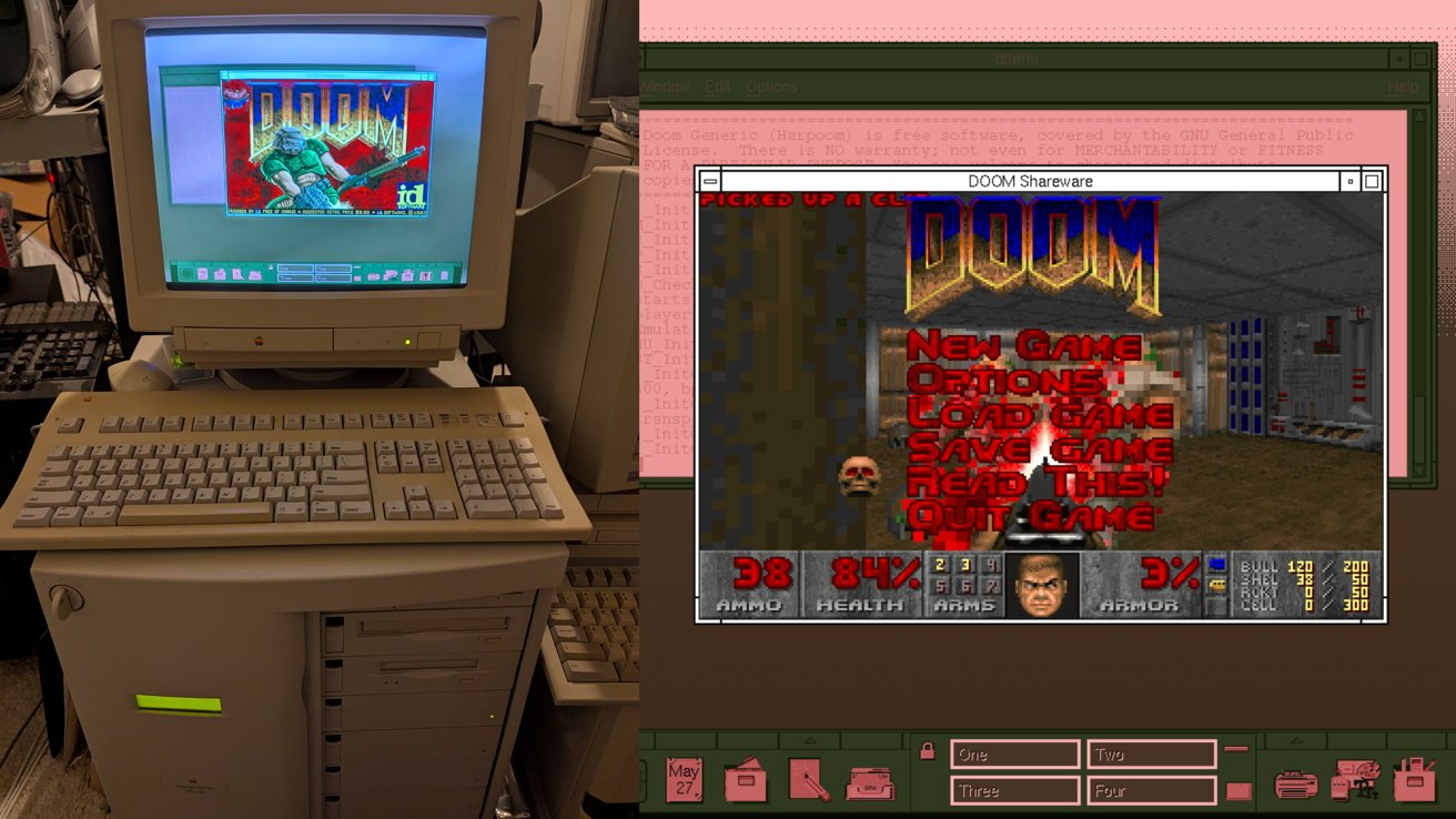 A retro computer setup displays the game Doom on the screen. The keyboard and tower are visible below the monitor.