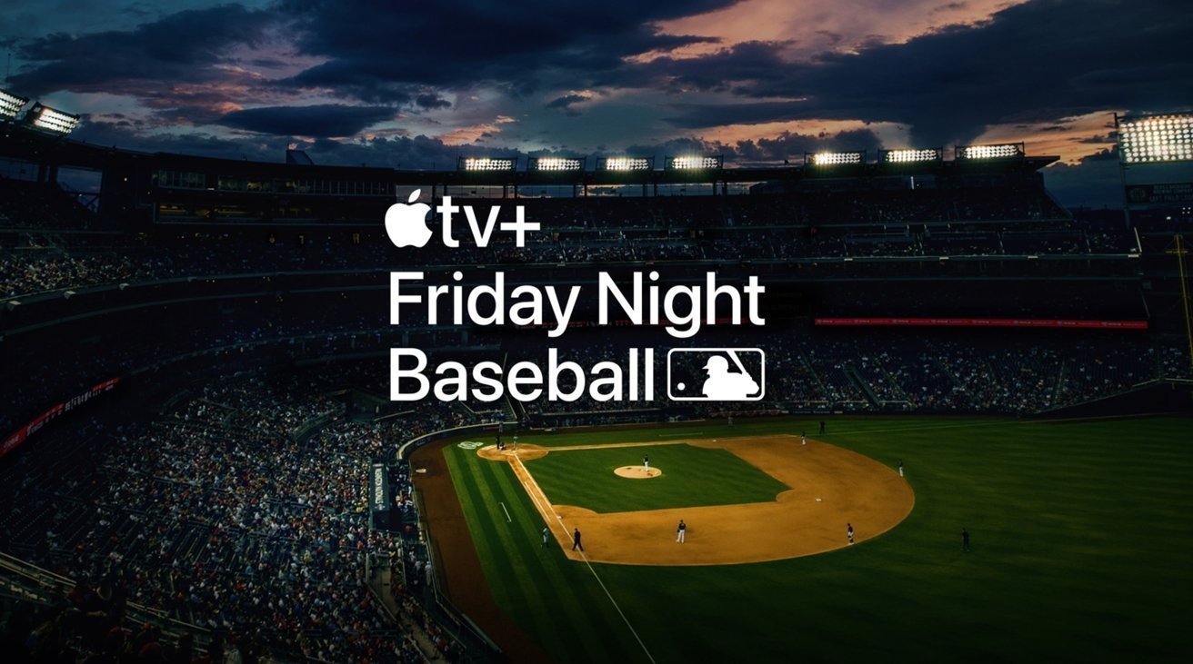 Baseball field under evening sky with stadium lights, 'Apple TV+ Friday Night Baseball' text overlay, large crowd in the stands.
