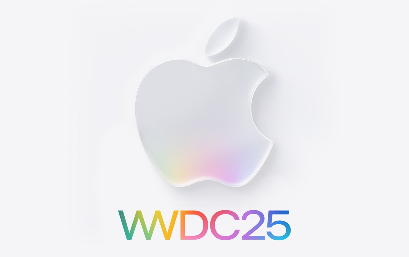 White Apple logo with subtle rainbow gradient shading, accompanied by multicolored letters and numbers reading WWDC25.