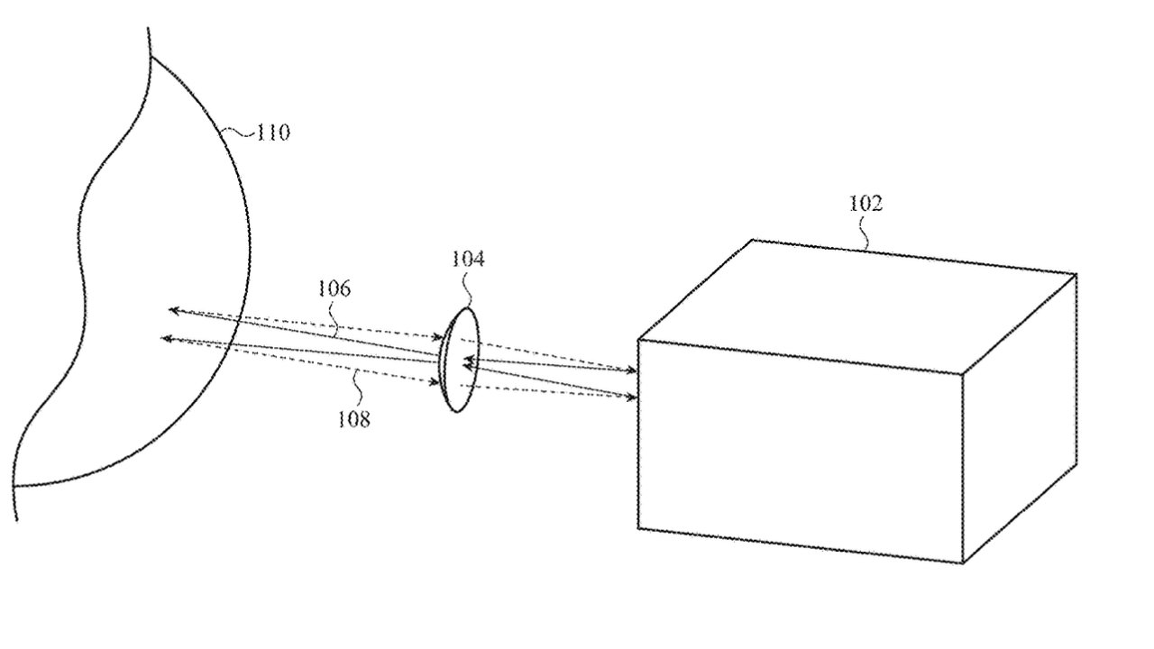 A diagram shows a cube labeled 102, a lens labeled 104, and curved lines indicating light rays between the lens and an irregular shape labeled 110.