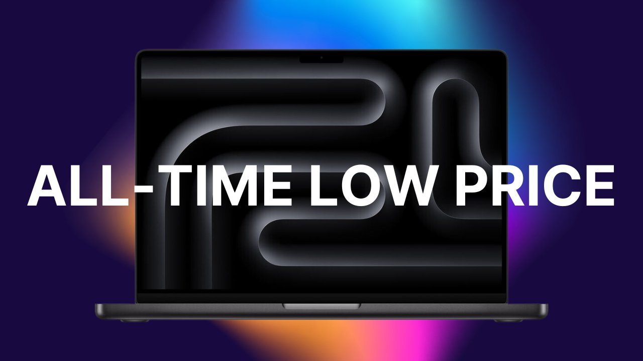 MacBook Pro laptop on a colorful background with bold text reading 'ALL-TIME LOW PRICE' overlaying the screen.