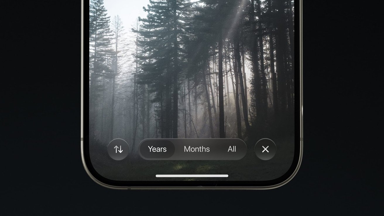 Smartphone screen displaying a misty forest scene. Interface buttons at the bottom display options for 'Years,' 'Months,' and 'All.'
