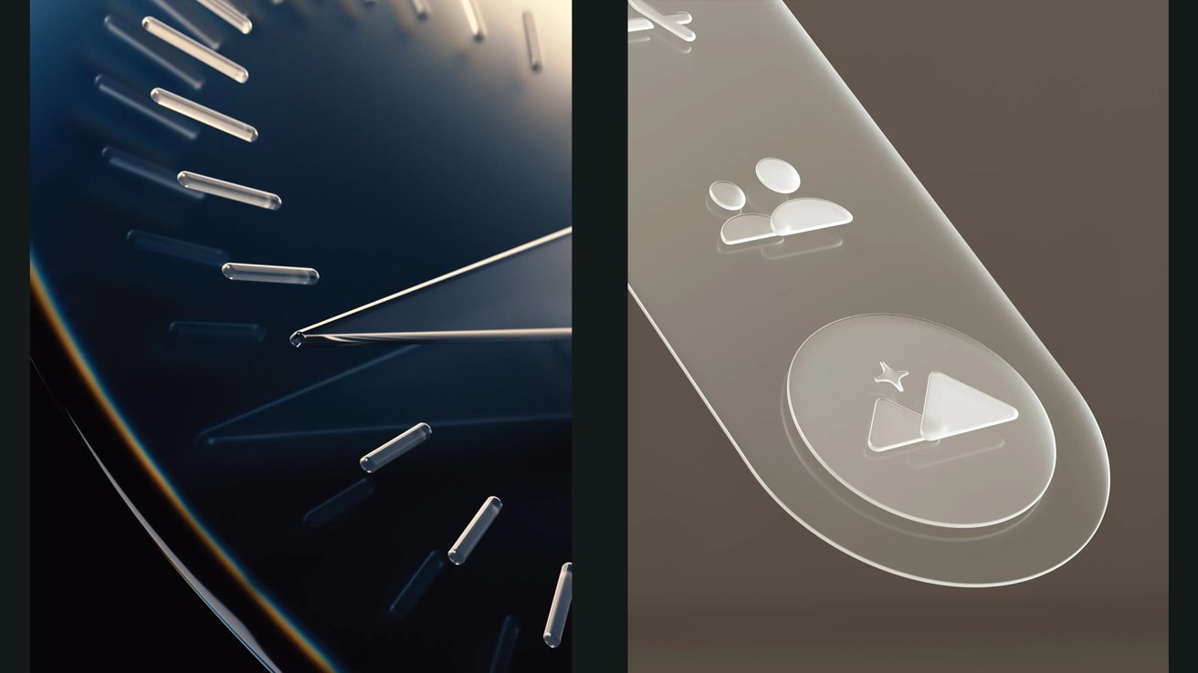 Close-up of a clock face with sleek, floating hour markers and hands, alongside translucent icons including user symbols and a play button on a smooth surface.