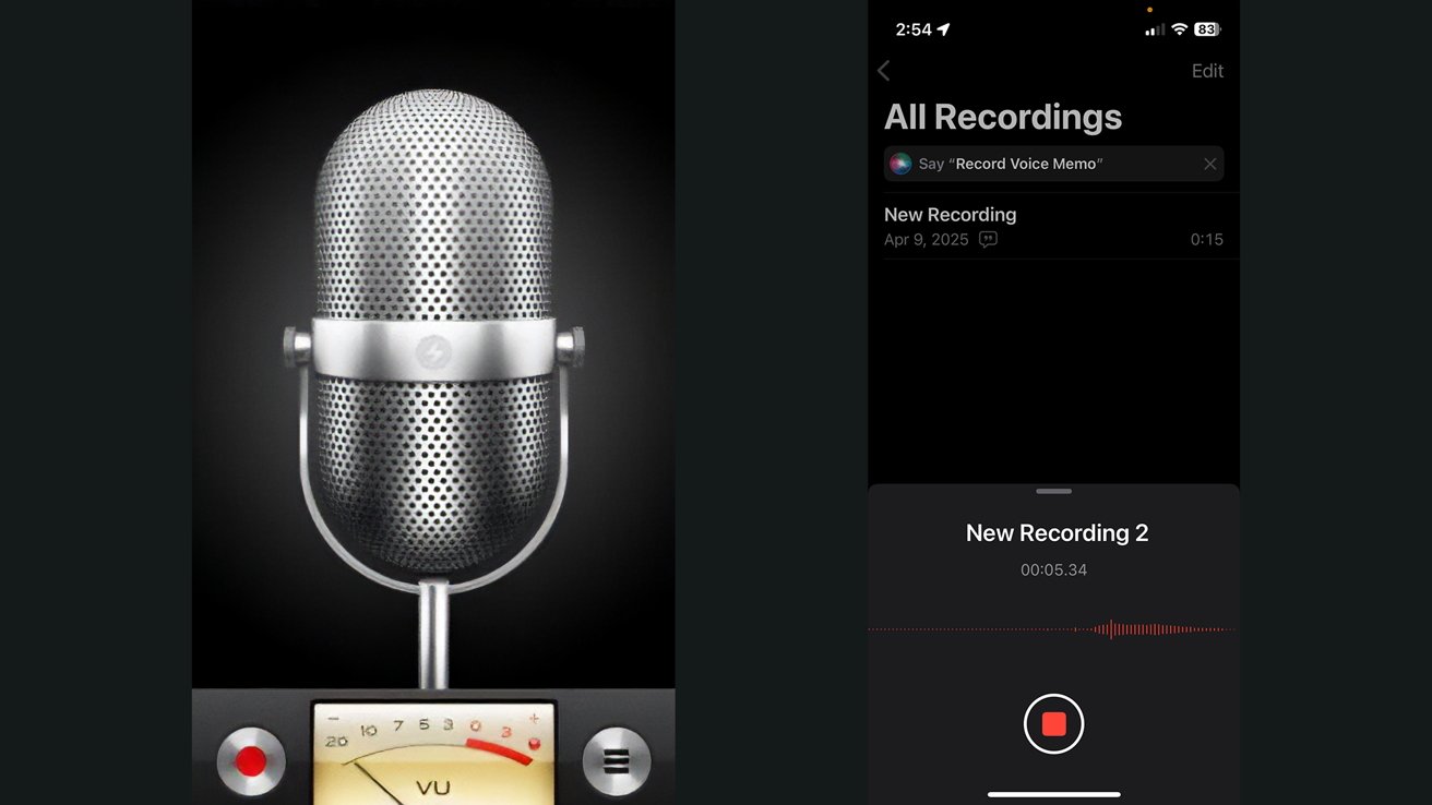 Split screen showing a vintage microphone icon on the left and a voice recording app with a progress bar on the right.