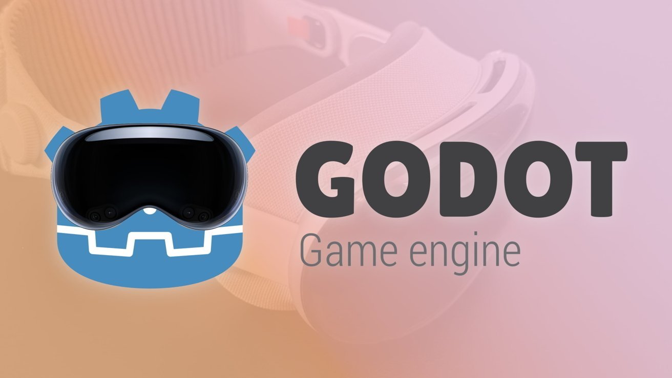 A stylized blue robot face with dark visor next to text saying 'Godot Game Engine' on a soft orange and pink background.