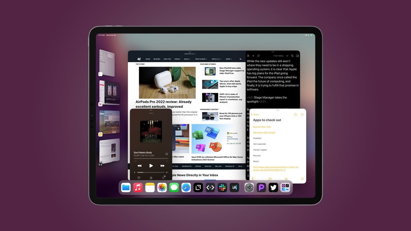 Tablet screen with multiple open applications: a news website, music player, text document, app icons at the bottom, and a sidebar with recently used apps on a purple background.
