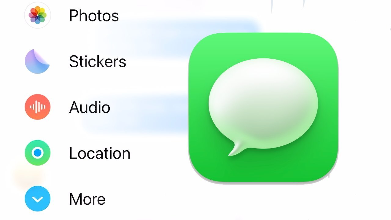 Green square with a white speech bubble icon, alongside icons and text for Photos, Stickers, Audio, Location, and More.