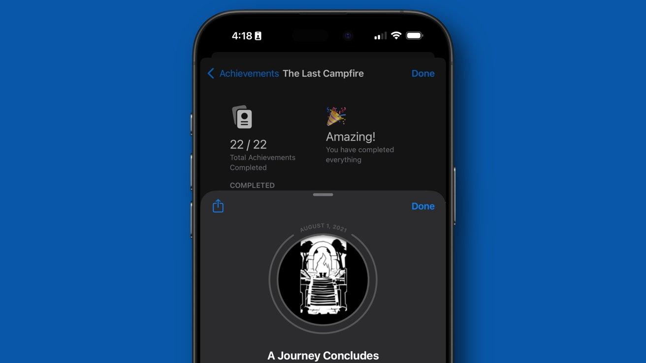 Smartphone screen showing completed achievements for The Last Campfire game, with 22 out of 22 total completed. Text reads 'Amazing!' with celebratory graphics.