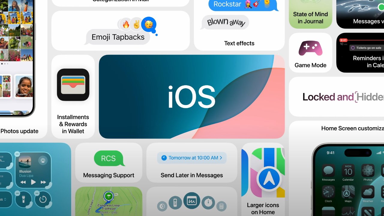 Collage of iOS features including Emoji Tapbacks, Photos update, Wallet Rewards, Messaging Support, Game Mode, and Home Screen customization, centered around a large 'iOS' banner with abstract background.