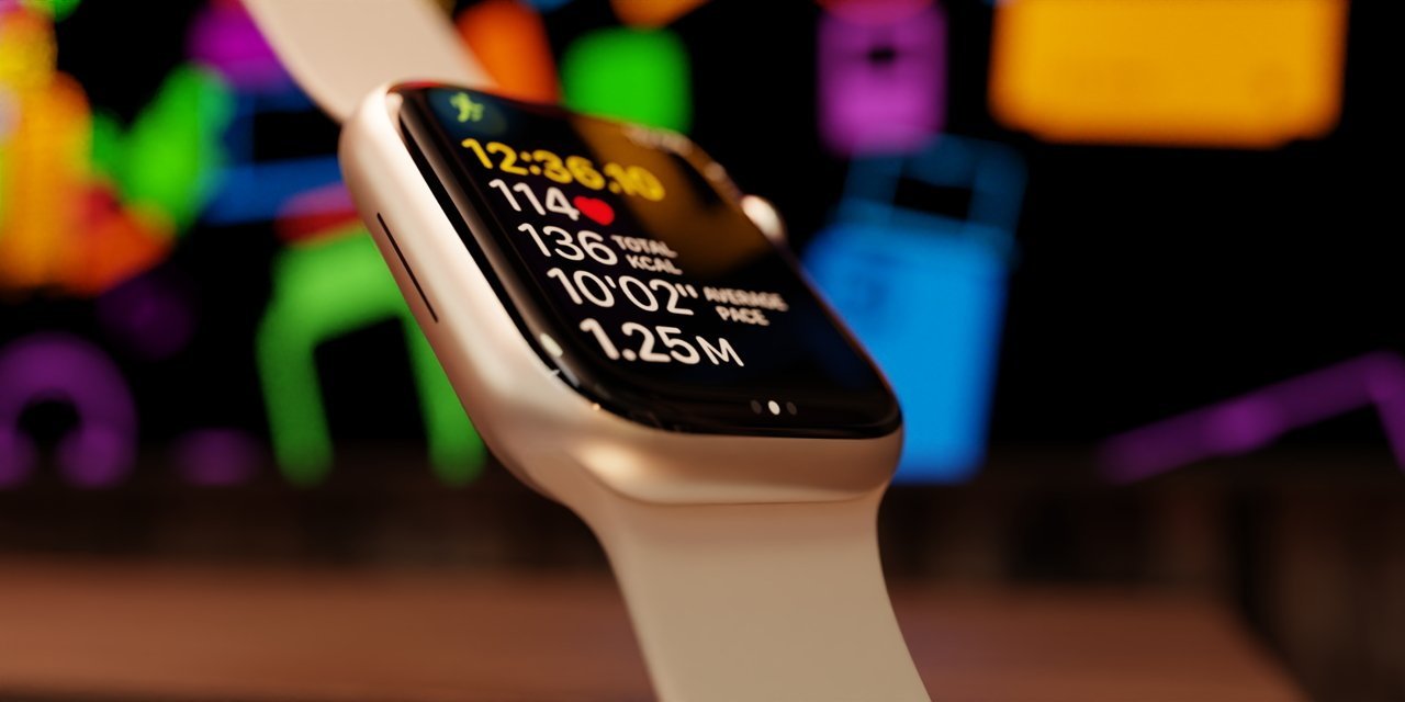 Smartwatch displaying time, heart rate, total calories, average pace, and distance. Blurred colorful background enhances focus on the watch's sleek design and bright screen.