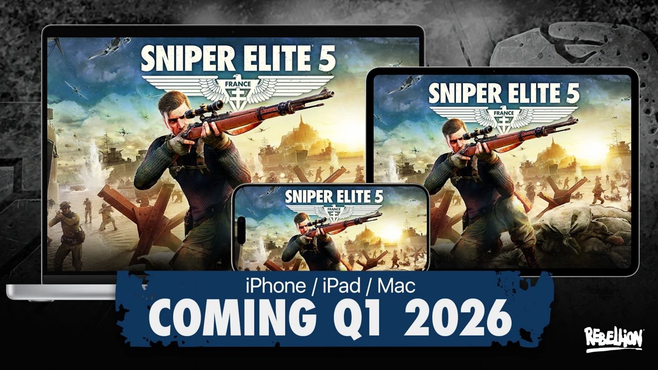 Soldier aiming rifle in action scene, with text 'Sniper Elite 5' and 'Coming Q1 2026' displayed on various devices.