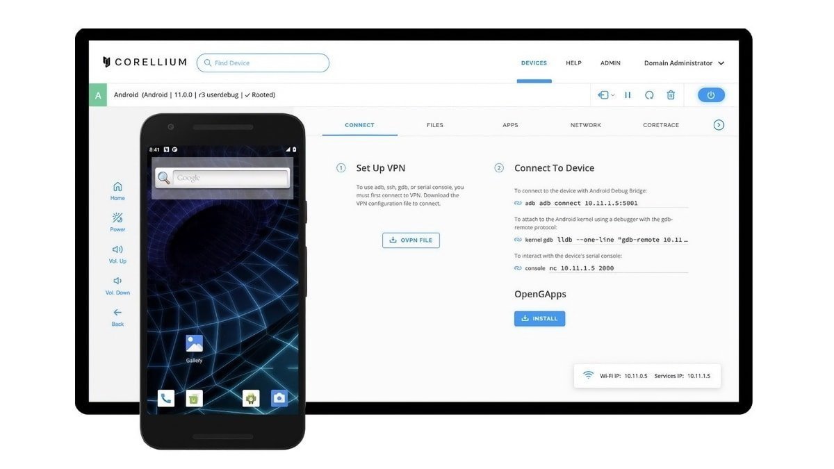 A smartphone displaying a grid-patterned screen appears in front of a tablet interface showing setup instructions.