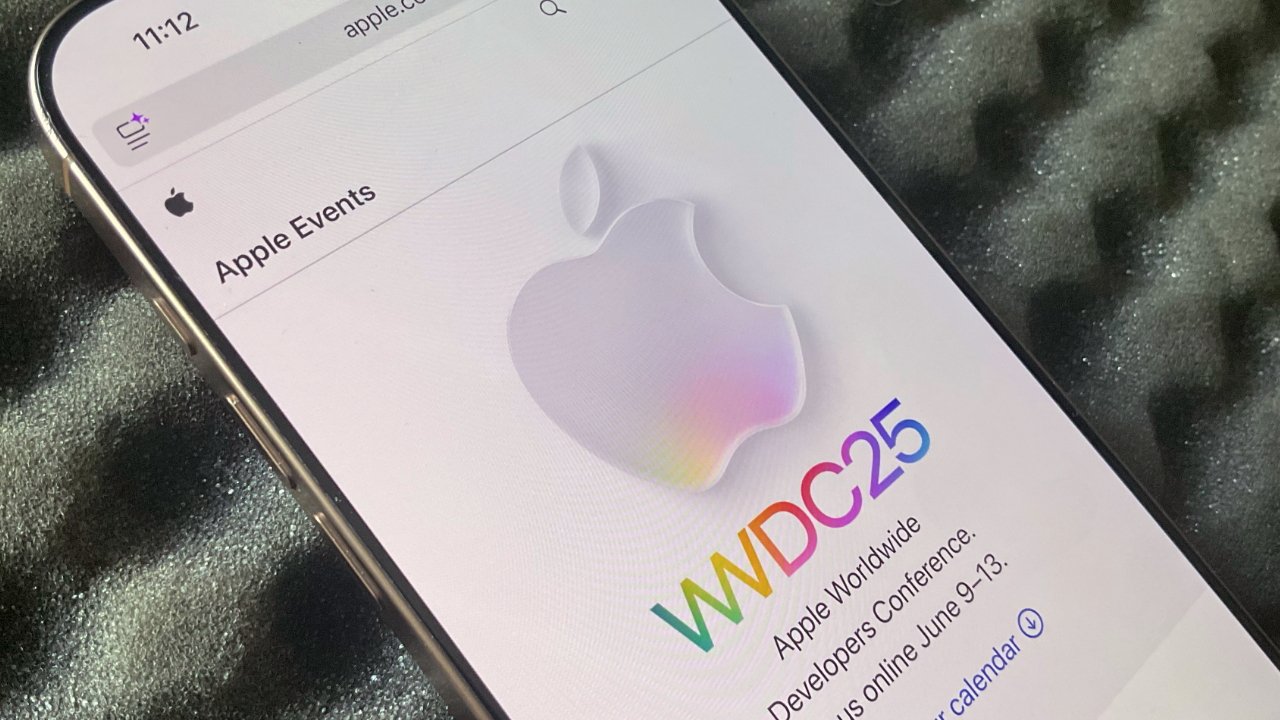 Smartphone screen displaying an Apple logo with WWDC25 text, promoting Apple's Worldwide Developers Conference scheduled for June 9-13.