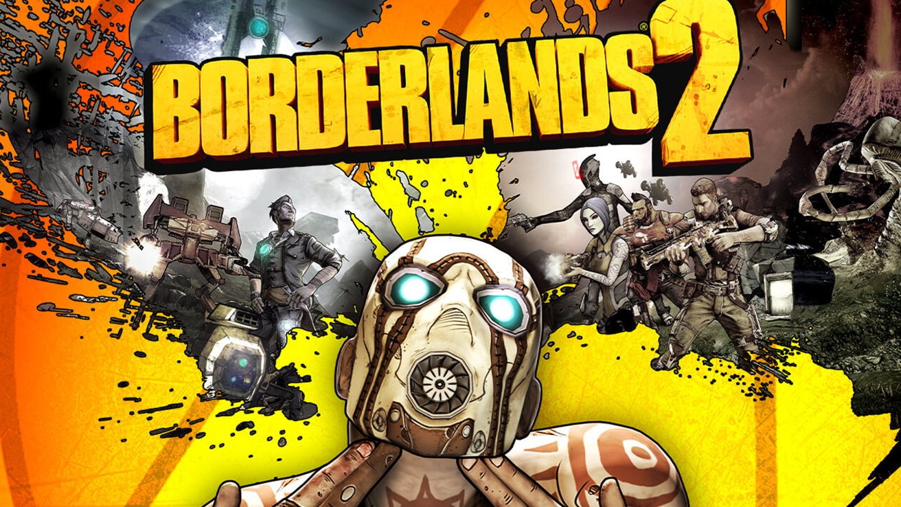 A masked character in front holding head, surrounded by action scenes and characters, with bold text 'Borderlands 2' above. Background has comic-style splatters and machinery.