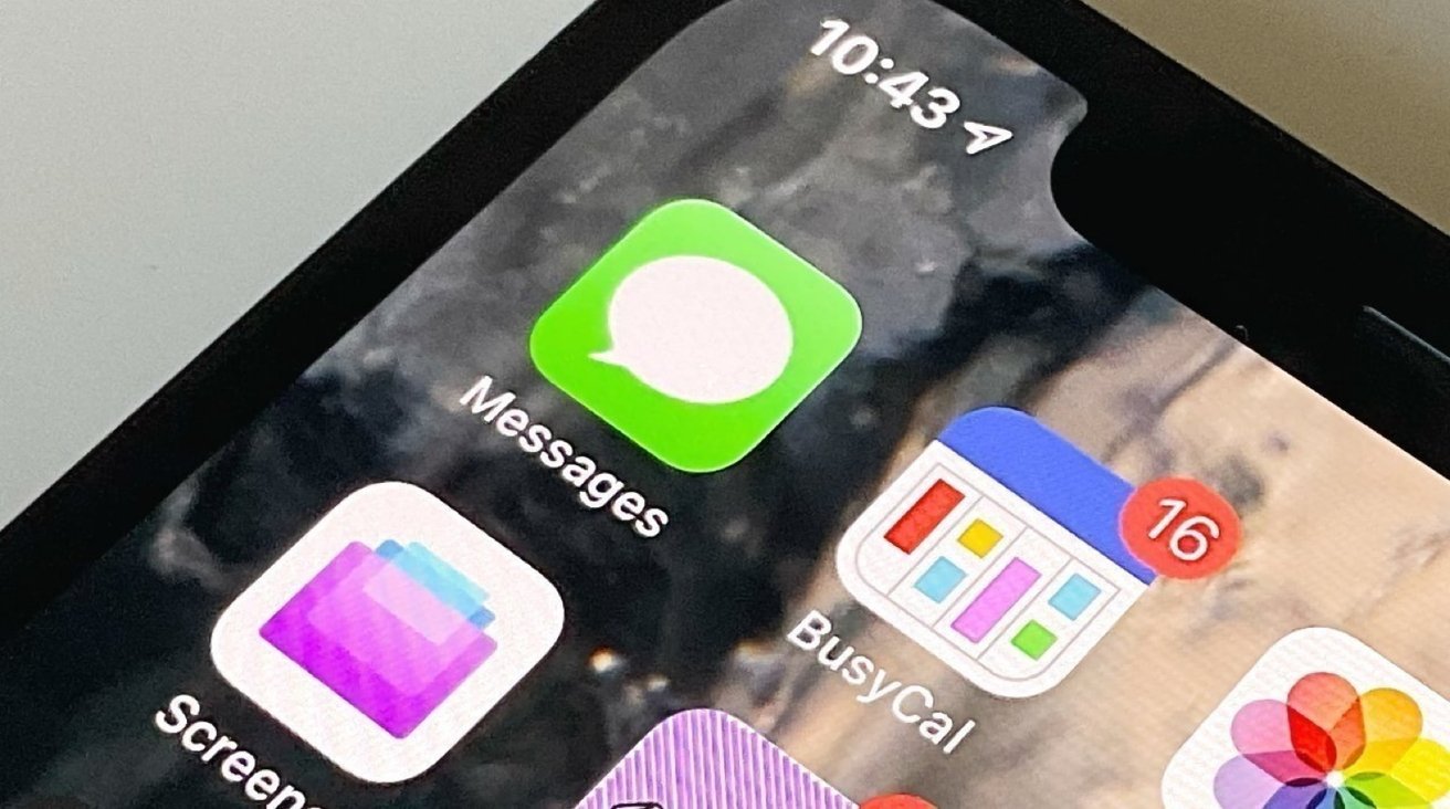 Close-up of a smartphone screen showing the time 10:43, Messages app, BusyCal app with 16 notifications, and other application icons.
