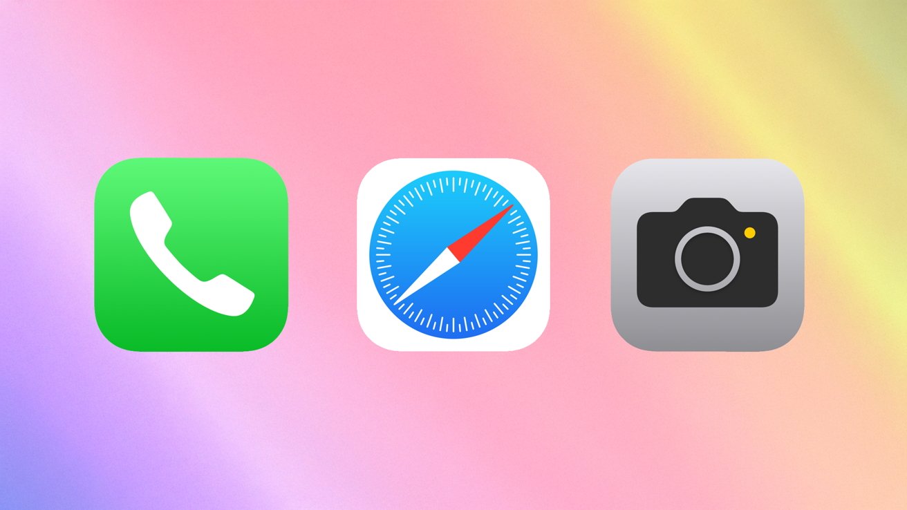 Phone, browser, and camera app icons on pastel gradient background.