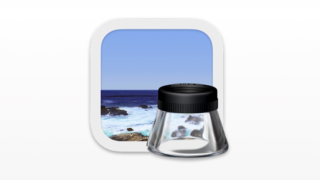 Icon showing a coastal scene with blue ocean waves and sky, overlaid by a magnifying glass with a black rim.