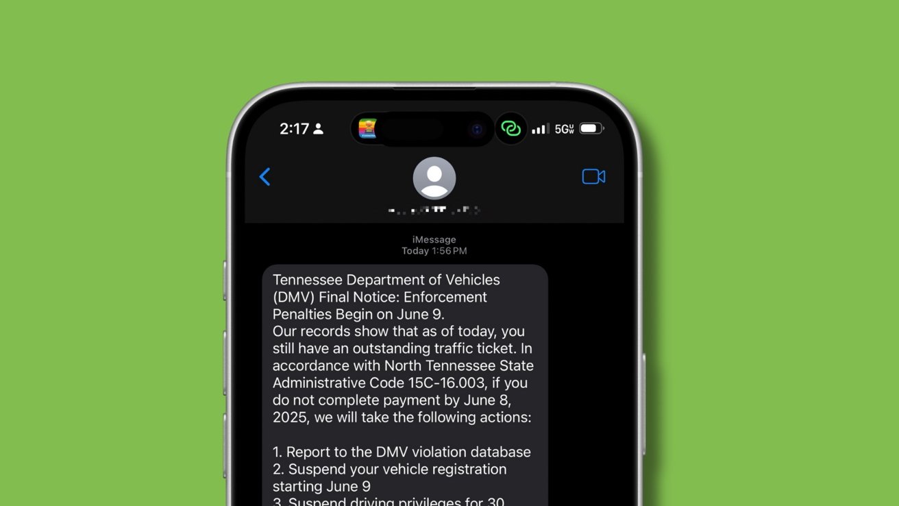 Smartphone displaying a text message warning from the Tennessee Department of Vehicles about an outstanding traffic ticket, listing enforcement actions and urging payment by June 8, 2025.