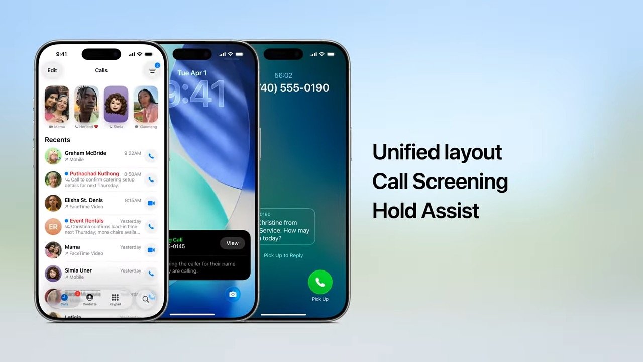 Three smartphones display call features; one shows recent calls, another an incoming call, and the last a call in progress. Text reads: Unified layout, Call Screening, Hold Assist.