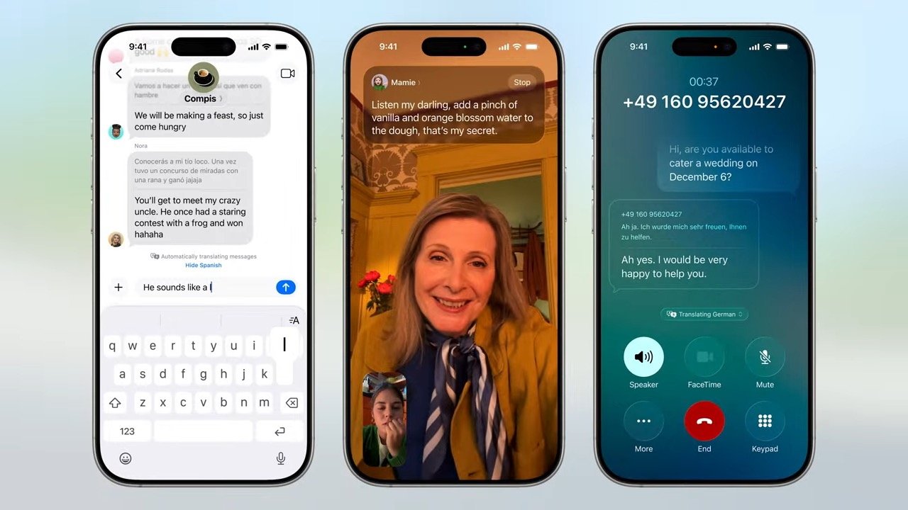 Three smartphones display a text chat with translation, a FaceTime call with a smiling woman, and a phone call translating two languages.