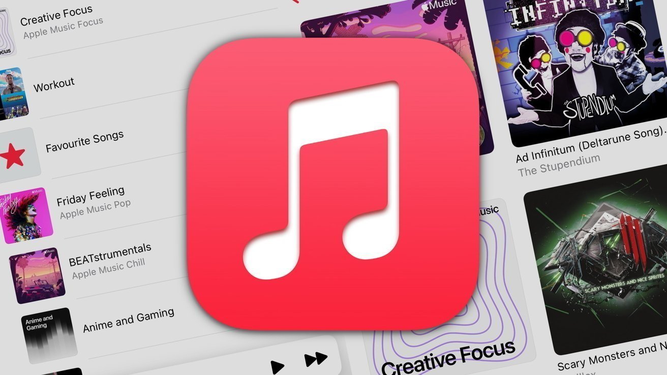 Red music note app icon on top, with playlist titles and album covers in the background.