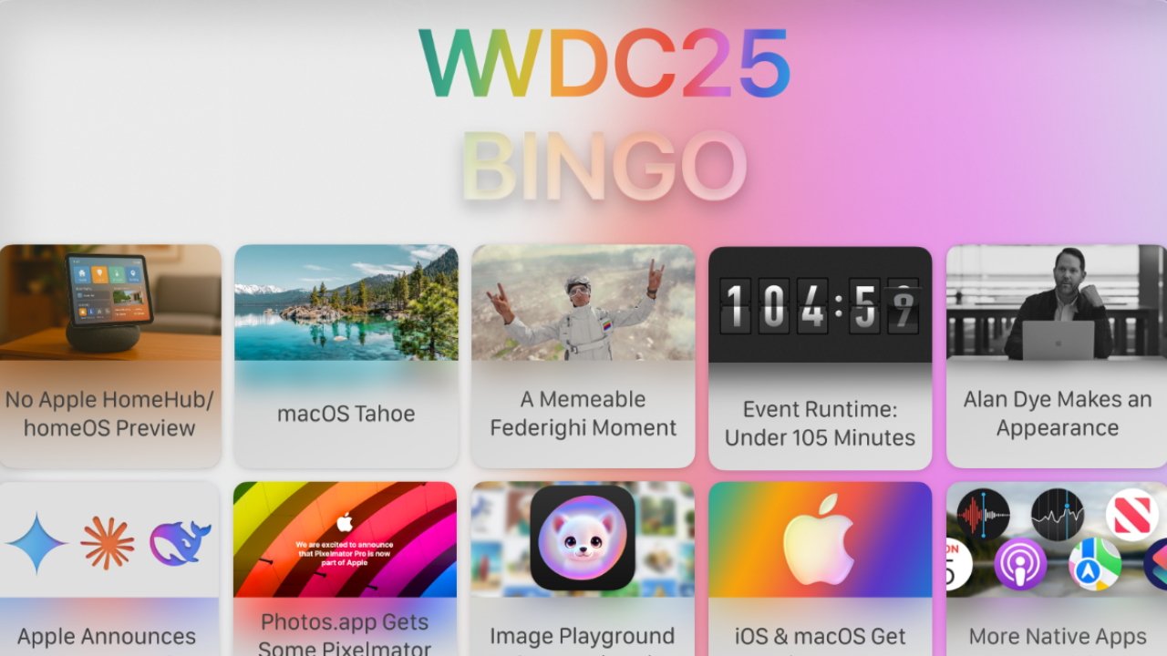 Colorful WWDC25 bingo card with images and text, featuring various Apple-related topics and visual elements, including a landscape, a clock, and logos.