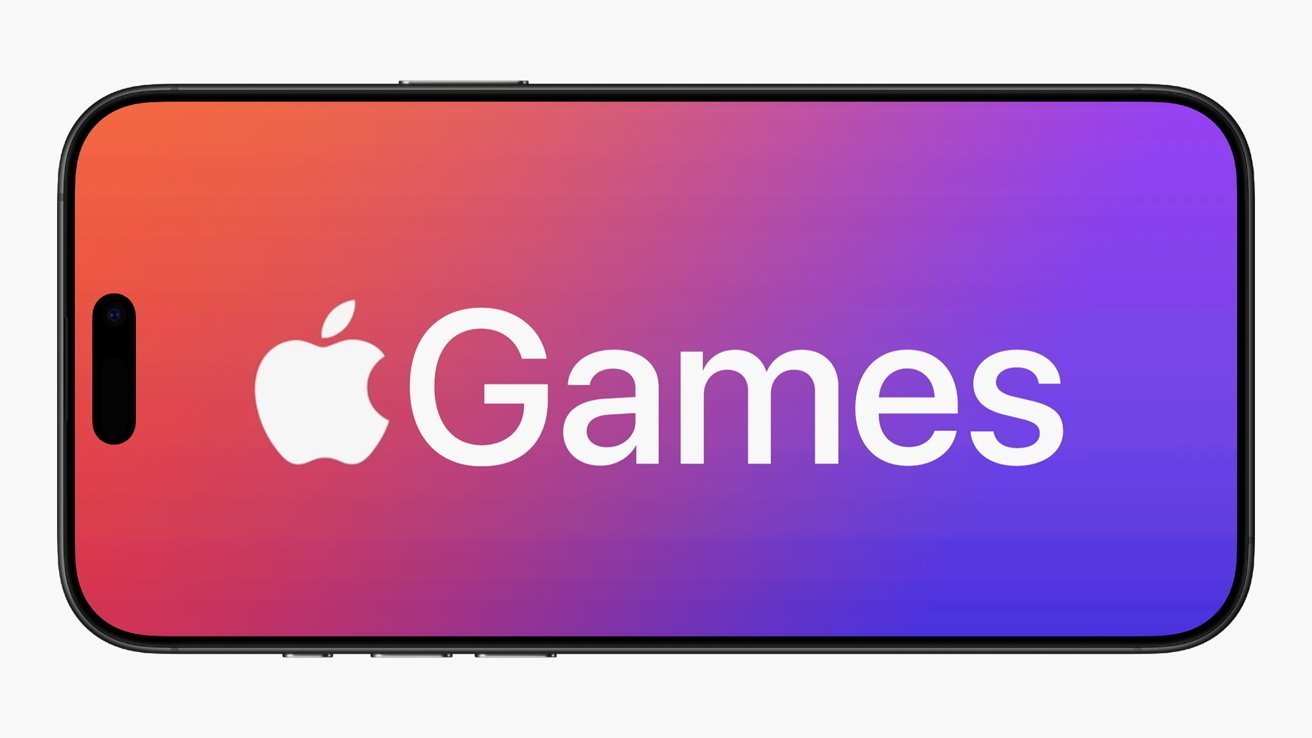 Smartphone screen displaying the text 'Apple Games' with a gradient background transitioning from orange to purple.
