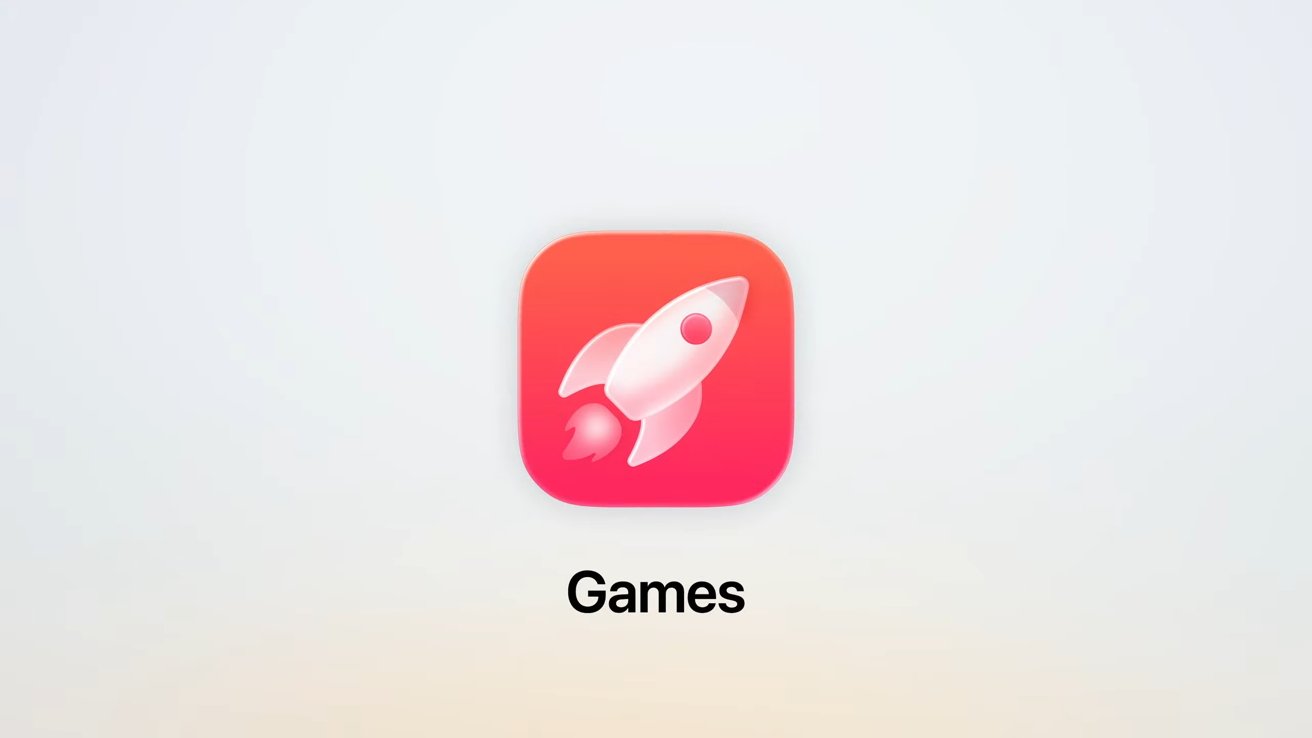 A pink and white rocket icon on a red square, with the word 'Games' below on a light gradient background.