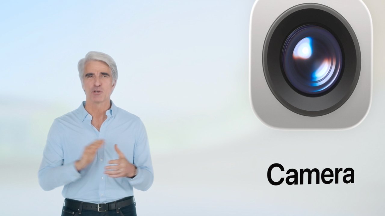 Person in a blue shirt gesturing, with a large camera lens graphic and the word 'Camera' on the right against a light background.