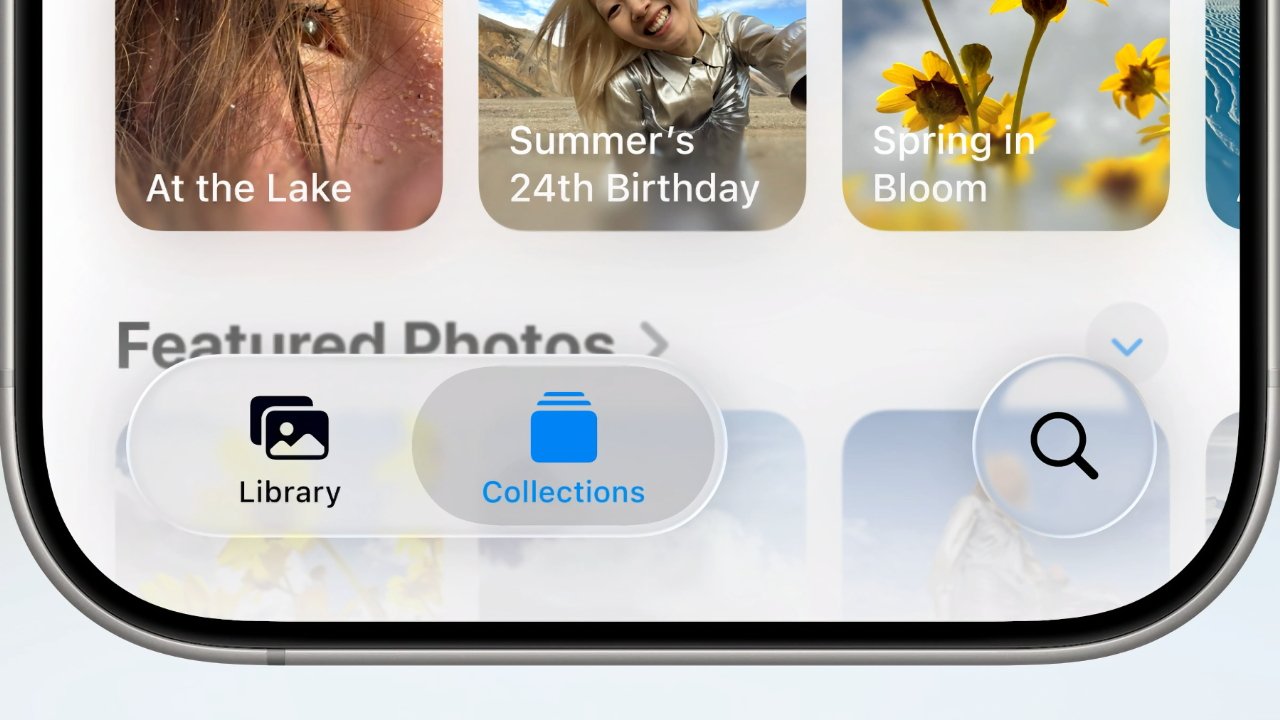 Smartphone screen showing photo albums labeled At the Lake, Summer's 24th Birthday, Spring in Bloom, with Library and Collections icons at the bottom and a search icon.
