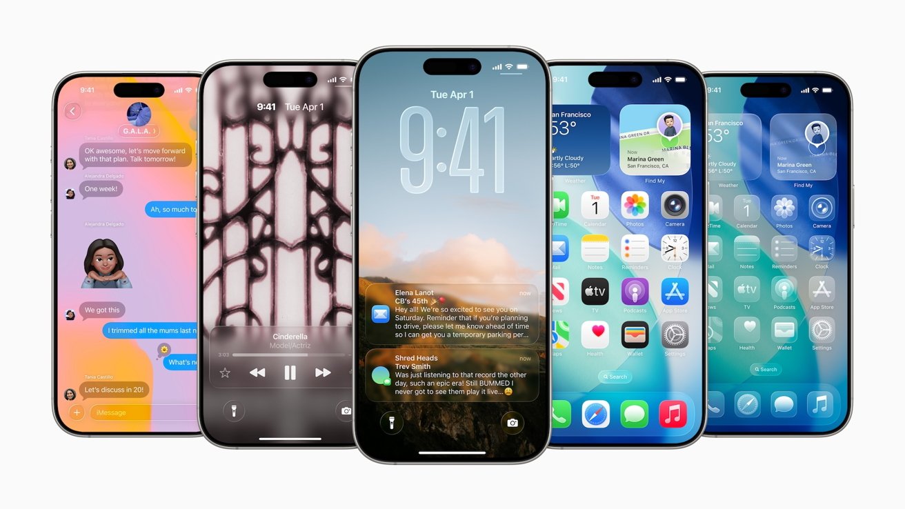 Five smartphones display different screens: text messages, music player, large clock, weather widget, and app icons. Each screen showcases vibrant colors and diverse layout designs.
