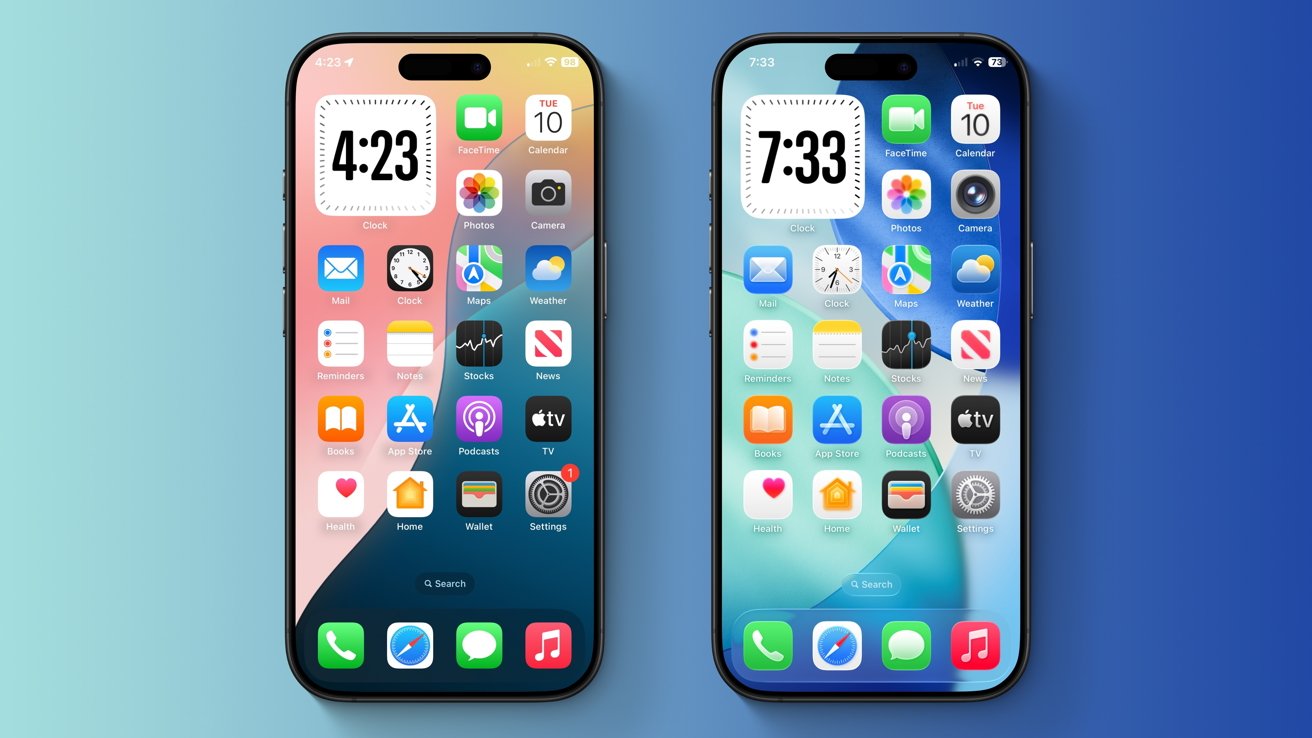 Two smartphones side by side, displaying home screens with colorful app icons and digital clock widgets showing different times against gradient backgrounds.