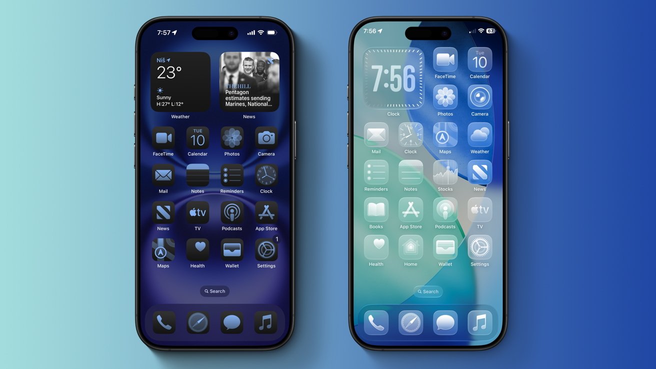 Two smartphones with different home screen themes, one dark with black icons, the other light with translucent icons, against a blue gradient background.