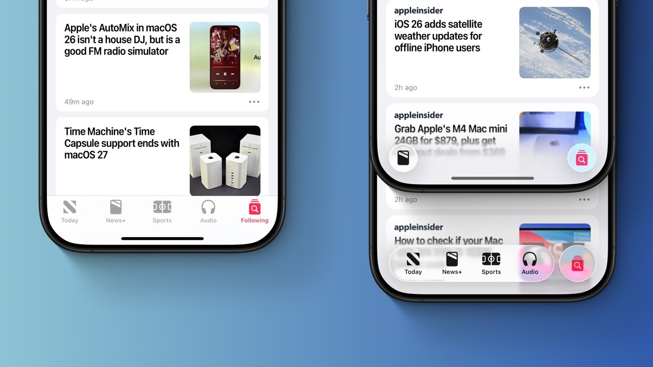 Close-up of two smartphone displays showing technology news headlines and app interface with icons for Today, News+, Sports, Audio, and Following on a light blue background.