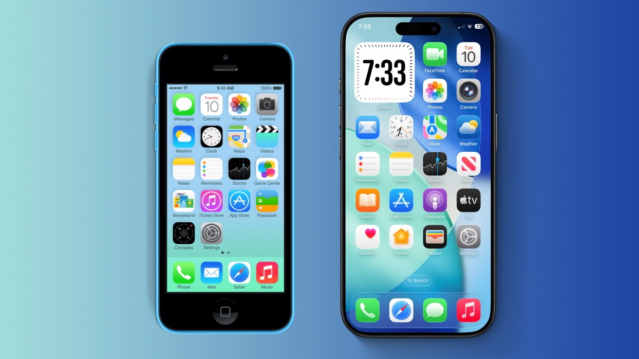 Two smartphones side by side, one smaller and older with a blue case, the other larger and more modern, both showing app icons on their screens.